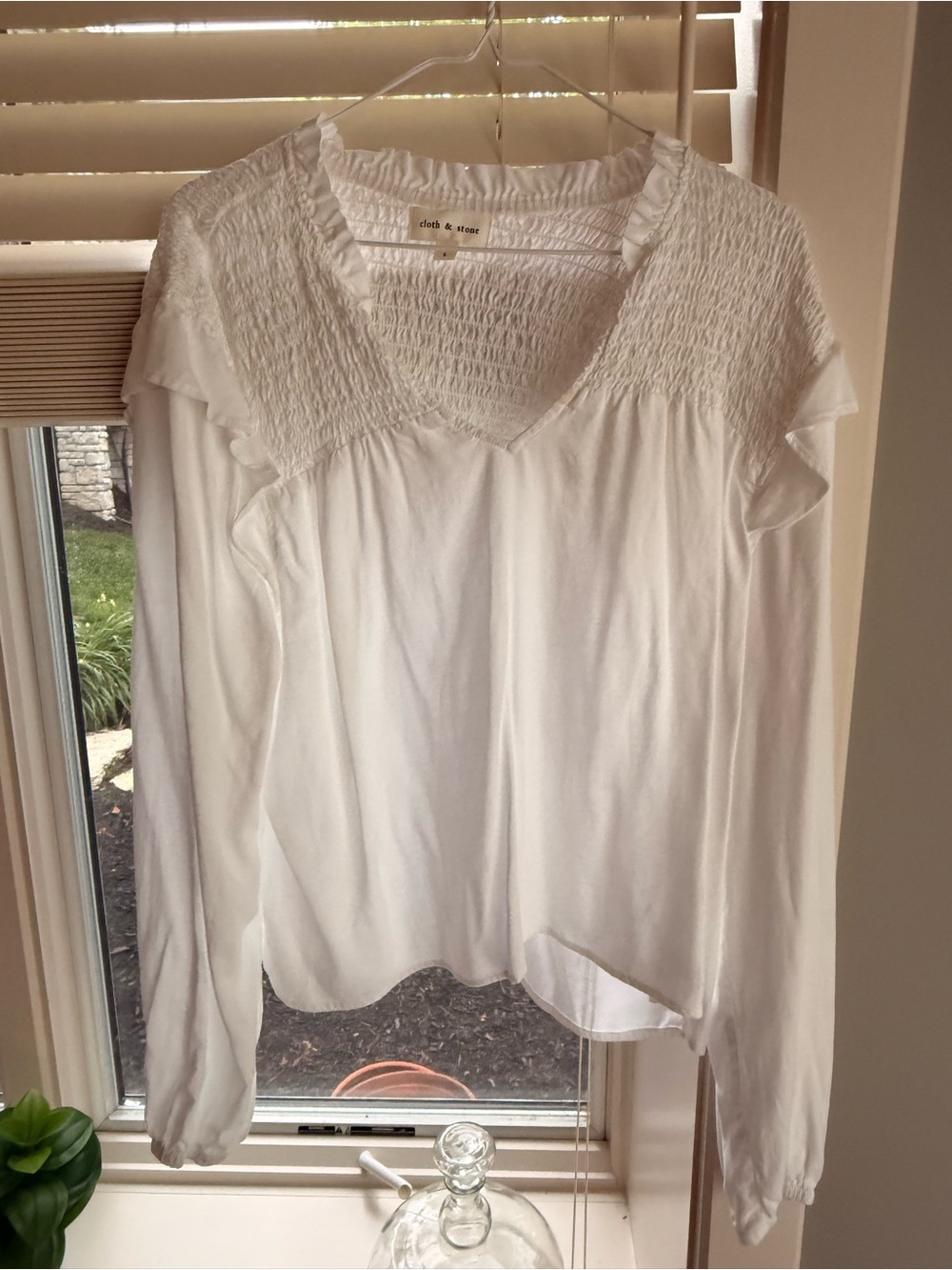 cloth & stone White Smocked V-Neck Long Sleeve Blouse